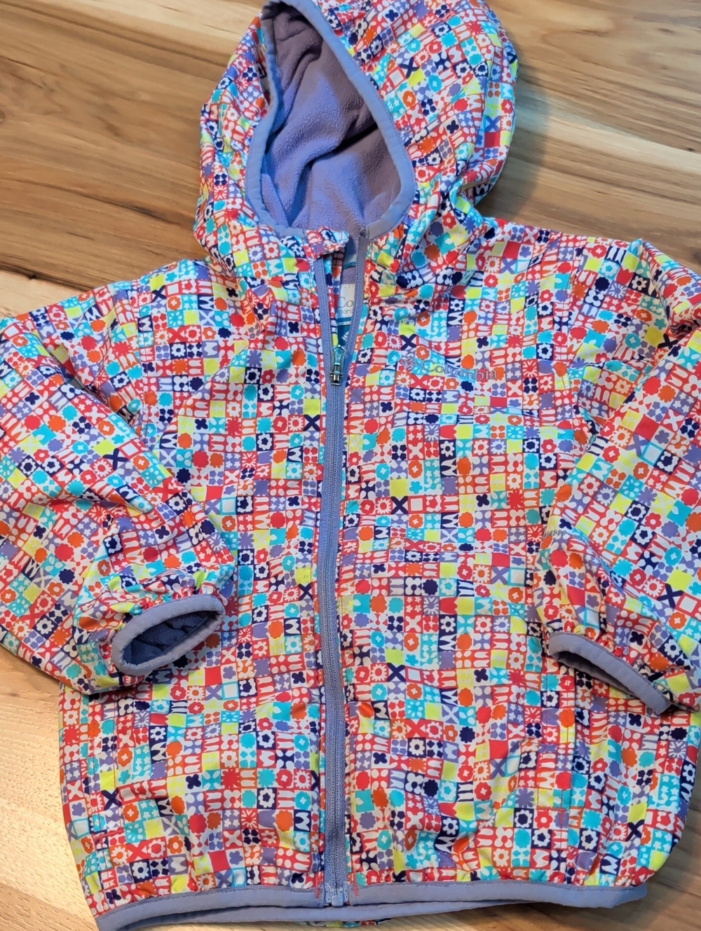 Kids Multicolor Patterned Hooded Jacket - Purple Lining